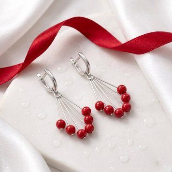 Серебряные серьги LoveR с кораллом в виде каскада, серебро 925