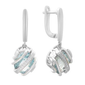 Срібні сережки з овальним блакитним топазом у фантазійному оплетенні 9179712 Срібні сережки з овальним блакитним топазом у фантазійному оплетенні фото з каталогу