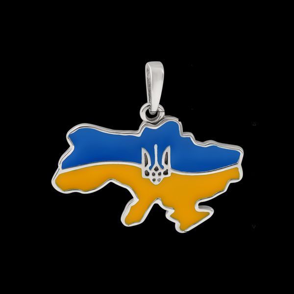 Срібний кулон у вигляді карти України з жовто-блакитною емаллю та гербом 1651379305 Срібний кулон у вигляді карти України з жовто-блакитною емаллю та гербом фото з каталогу