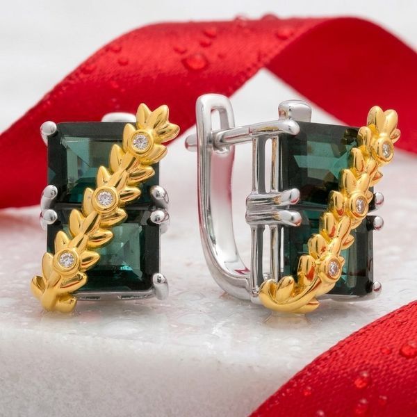 Срібні сережки LoveR з лондонським топазом квадратної форми та декоративним позолоченим листям, срібло 925