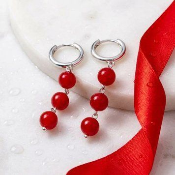 Серебряные серьги LoveR с кораллом красного цвета в подвесном исполнении с английским замком, серебро 925