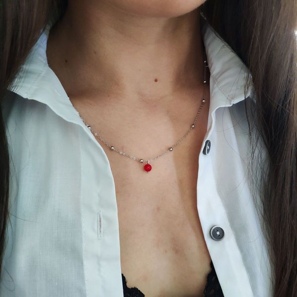 Серебряное колье с красным кораллом "Калина" 0050545417412 Серебряное колье с красным кораллом "Калина" фото с каталога