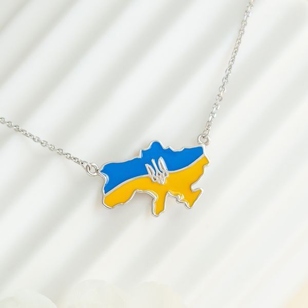 Кольє срібне у формі карти України, емальоване в синьо-жовтих кольорах, з гербом 1645436916 Кольє срібне у формі карти України, емальоване в синьо-жовтих кольорах, з гербом фото з каталогу