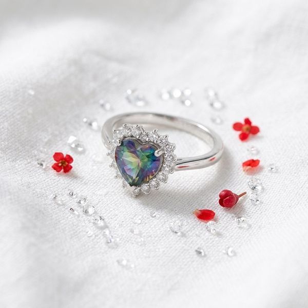 Серебряное кольцо LoveR с мистическим топазом в форме сердца и ободком фианитов 17 размер, серебро 925