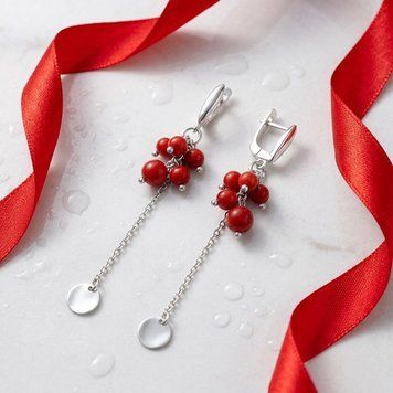 Серебряные серьги LoveR с подвесками и вставками коралла круглой формы, серебро 925