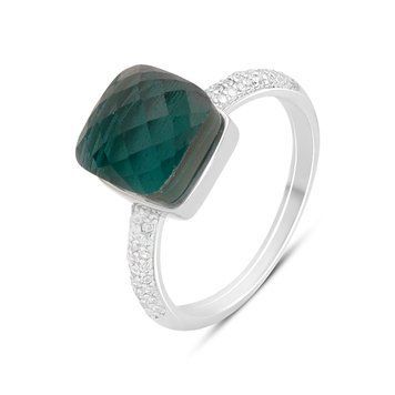 Срібна каблучка з фіанітом подушкової форми темно-зеленого кольору та доріжкою каменів 217711116.5 Срібна каблучка з фіанітом подушкової форми темно-зеленого кольору та доріжкою каменів фото з каталогу